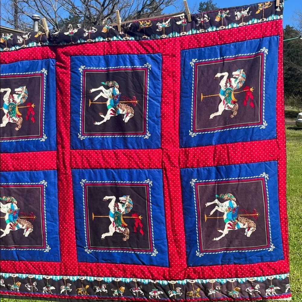 Vintage Carousel Animal Horse Print Quilt Homemade Small Throw Lap Blanket